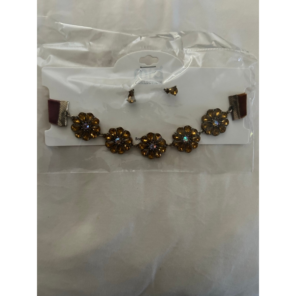 MIA Collection Floral Gem Statement Choker Necklace&Earring Set w/Velvet Ribbon